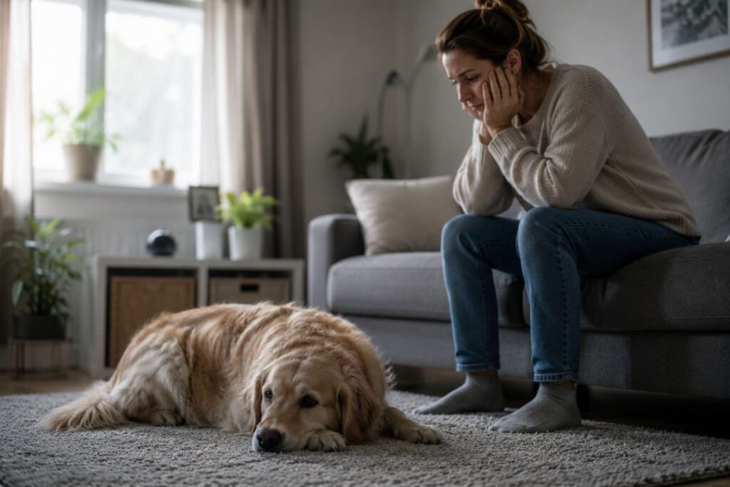 Trennungsangst beim Hund: Besorgte Halterin sitzt neben ihrem Hund im Wohnzimmer