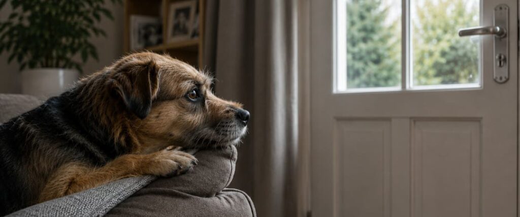 Trennungsangst beim Hund: Hund wartet angespannt auf dem Sofa vor der Haustür