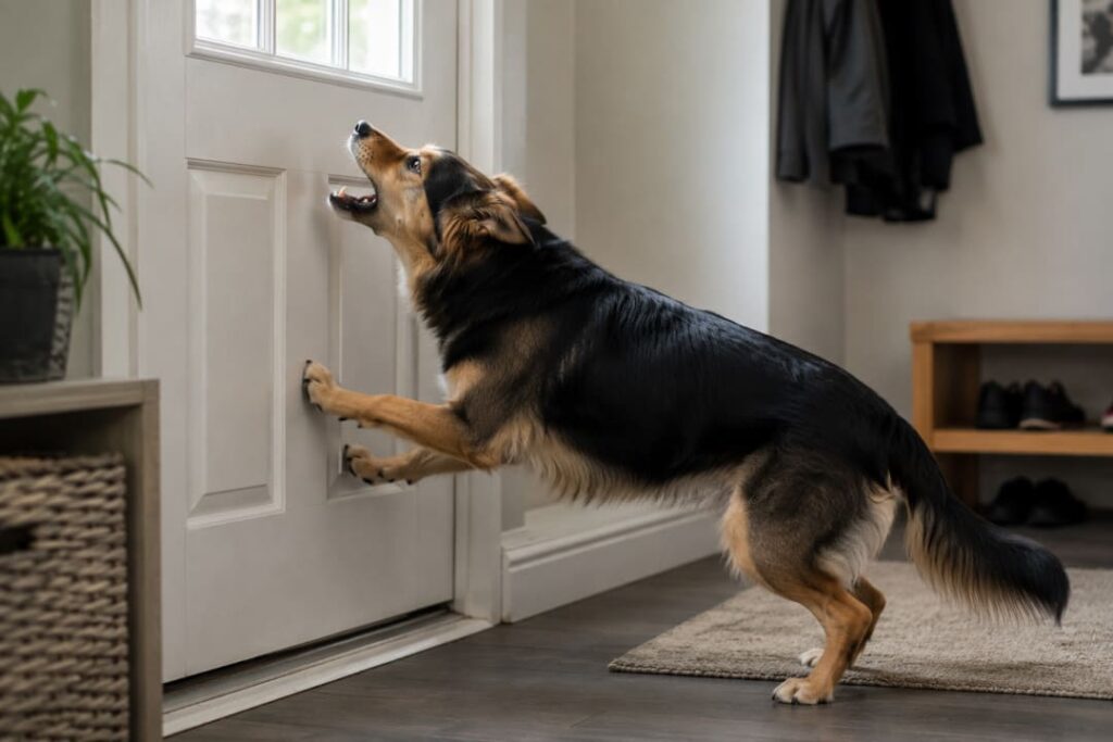 Trennungsangst beim Hund: Hund kratzt und bellt unruhig an der Tür