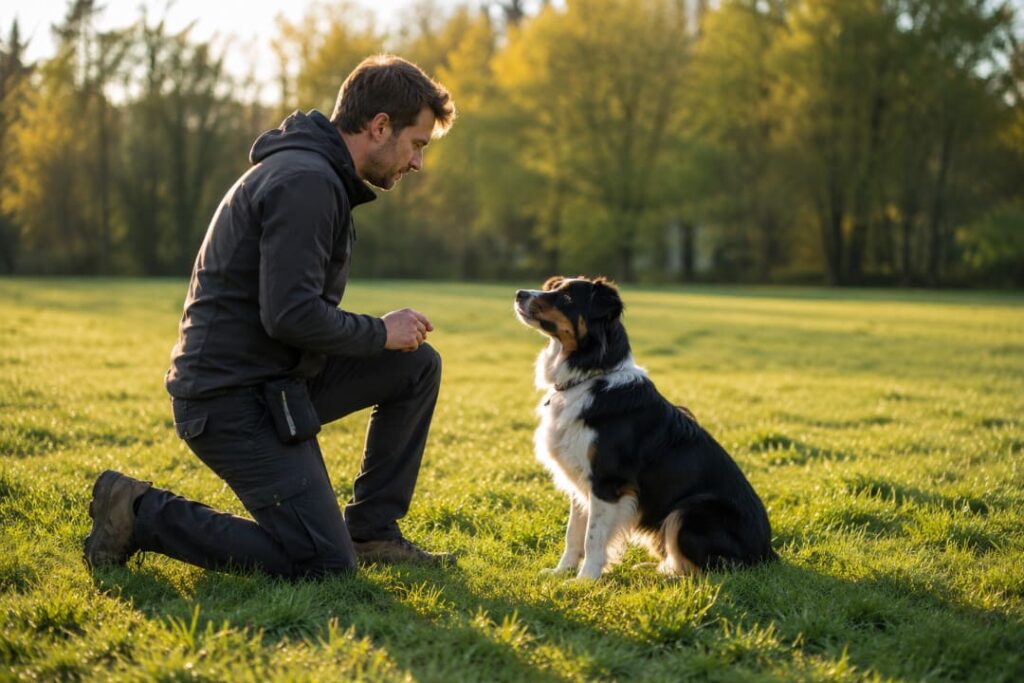 Mensch trainiert konzentriert mit seinem Hund auf einer Wiese und stärkt die gemeinsame Zusammenarbeit.