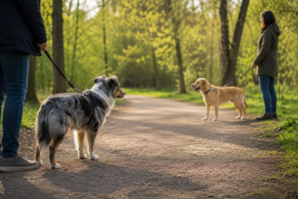 Sozialisierung von Hunden - Erwachsener Hund beobachtet eine ruhige Hundebegegnung aus sicherer Distanz