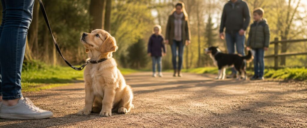 Sozialisierung von Hunden: Junger Hund entdeckt aufmerksam neue Eindrücke im Alltag